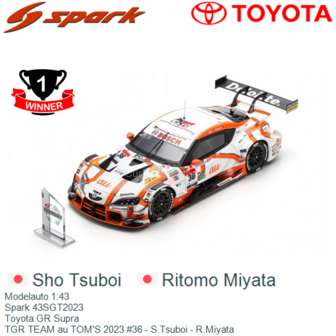 Modelauto 1:43 | Spark 43SGT2023 | Toyota GR Supra | TGR TEAM au TOM&#039;S 2023 #36 - S.Tsuboi - R.Miyata