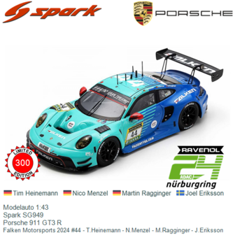 Modelauto 1:43 | Spark SG949 | Porsche 911 GT3 R | Falken Motorsports 2024 #44 - T.Heinemann - N.Menzel - M.Ragginger - J.Eriks