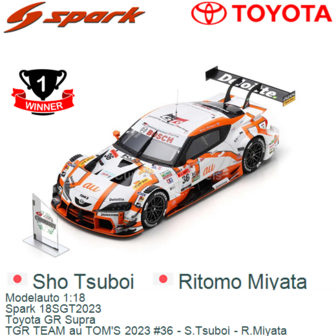 Modelauto 1:18 | Spark 18SGT2023 | Toyota GR Supra | TGR TEAM au TOM&#039;S 2023 #36 - S.Tsuboi - R.Miyata