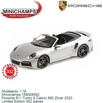 Modelauto 1:18 | Minichamps 155069082 | Porsche 911 Turbo S Cabrio 992 Zilver 2020