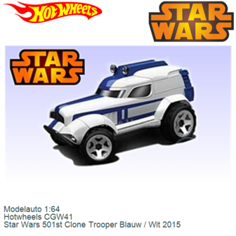 Modelauto 1:64 | Hotwheels CGW41 | Star Wars 501st Clone Trooper Blauw / Wit 2015