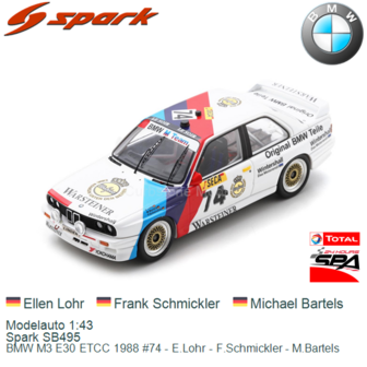 Modelauto 1:43 | Spark SB495 | BMW M3 E30 ETCC 1988 #74 - E.Lohr - F.Schmickler - M.Bartels