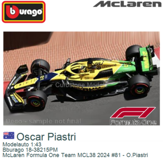 Modelauto 1:43 | Bburago 18-38215PM | McLaren Formula One Team MCL38 2024 #81 - O.Piastri