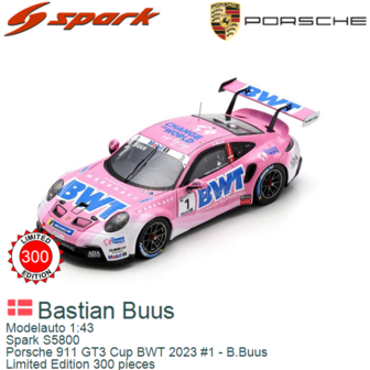 Modelauto 1:43 | Spark S5800 | Porsche 911 GT3 Cup BWT 2023 #1 - B.Buus