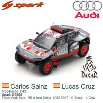 Modelauto 1:43 | Spark S4558 | Team Audi Sport RS e-tron Dakar 2023 #207 - C.Sainz - L.Cruz