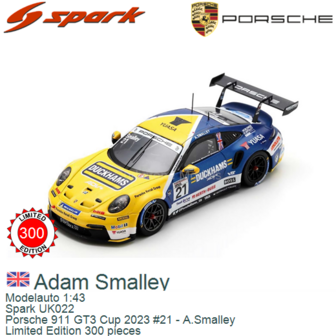 Modelauto 1:43 | Spark UK022 | Porsche 911 GT3 Cup 2023 #21 - A.Smalley