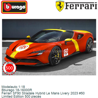 Modelauto 1:18 | Bburago 18-16000R | Ferrari SF90 Stradale Hybrid Le Mans Livery 2023 #50