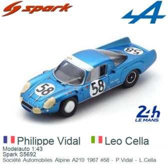 Modelauto 1:43 | Spark S5692 | Soci&eacute;t&eacute; Automobiles Alpine A210 1967 #58 - P.Vidal - L.Cella