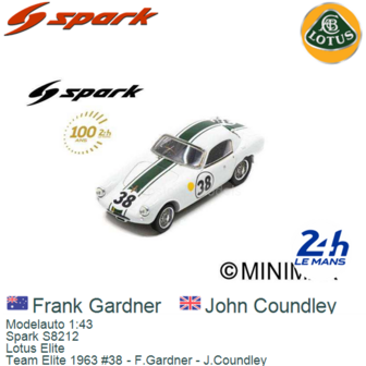 Modelauto 1:43 | Spark S8212 | Lotus Elite | Team Elite 1963 #38 - F.Gardner - J.Coundley