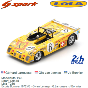 Modelauto 1:43 | Spark S9435 | Lola T280 | Ecurie Bonnier 1972 #8 - G.van Lennep - G.Larrousse - J.Bonnier