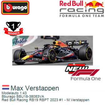 Modelauto 1:43 | Bburago BBU18-38083VA | Red Bull Racing RB19 RBPT 2023 #1 - M.Verstappen