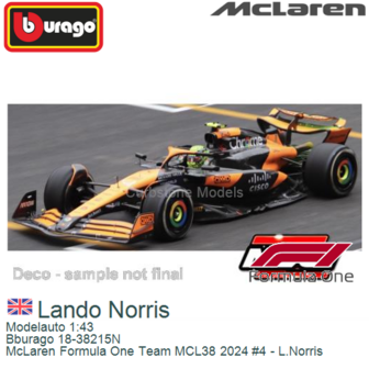 Modelauto 1:43 | Bburago 18-38215N | McLaren Formula One Team MCL38 2024 #4 - L.Norris