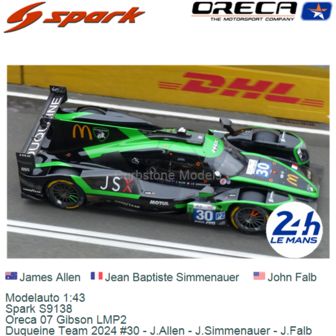 Modelauto 1:43 | Spark S9138 | Oreca 07 Gibson LMP2 | Duqueine Team 2024 #30 - J.Allen - J.Simmenauer - J.Falb