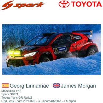 Modelauto 1:43 | Spark S6871 | Toyota Yaris GR Rally2 | Red Grey Team 2024 #25 - G.Linnam&amp;#228;e - J.Morgan