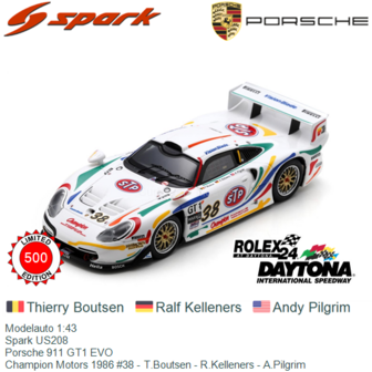 Modelauto 1:43 | Spark US208 | Porsche 911 GT1 EVO | Champion Motors 1986 #38 - T.Boutsen - R.Kelleners - A.Pilgrim