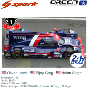 Modelauto 1:43 | Spark S9133 | Oreca 07 Gibson LMP2 | United Autosports USA 2024 #22 - O.Jarvis - B.Garg  - N.Siegel 