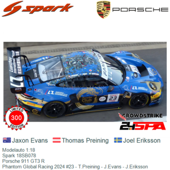 Modelauto 1:18 | Spark 18SB078 | Porsche 911 GT3 R | Phantom Global Racing 2024 #23 - T.Preining - J.Evans - J.Eriksson