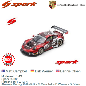 Modelauto 1:43 | Spark SJ085 | Porsche 911 GT3 R | Absolute Racing 2019 #912 - M.Campbell - D.Werner - D.Olsen