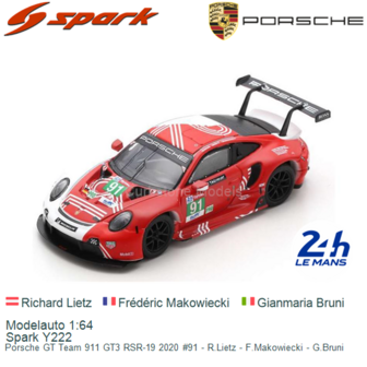 Modelauto 1:64 | Spark Y222 | Porsche GT Team 911 GT3 RSR-19 2020 #91 - R.Lietz - F.Makowiecki - G.Bruni