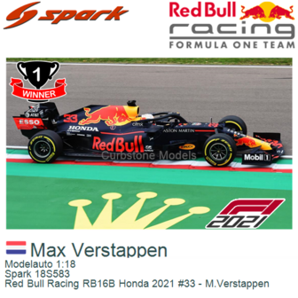 Modelauto 1:18 | Spark 18S583 | Red Bull Racing RB16B Honda 2021 #33 - M.Verstappen