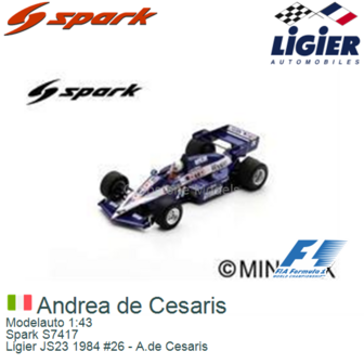 Modelauto 1:43 | Spark S7417 | Ligier JS23 1984 #26 - A.de Cesaris