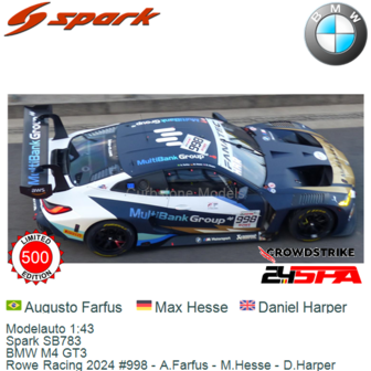 Modelauto 1:43 | Spark SB783 | BMW M4 GT3 | Rowe Racing 2024 #998 - A.Farfus - M.Hesse - D.Harper