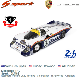 Modelauto 1:12 | Spark 12LM83 | Rothmans Porsche 962C 1983 #3 - V.Schuppan - H.Haywood - A.Holbert