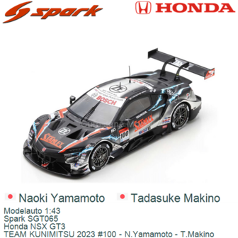 Modelauto 1:43 | Spark SGT065 | Honda NSX GT3 | TEAM KUNIMITSU 2023 #100 - N.Yamamoto - T.Makino