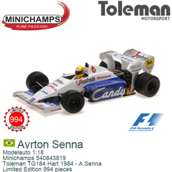 Modelauto 1:18 | Minichamps 540843819 | Toleman TG184 Hart 1984 - A.Senna