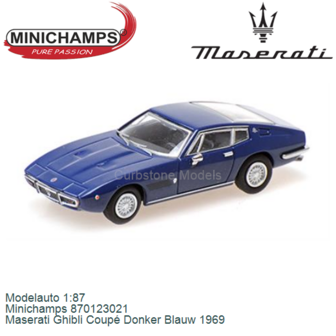 Modelauto 1:87 | Minichamps 870123021 | Maserati Ghibli Coup&eacute; Donker Blauw 1969