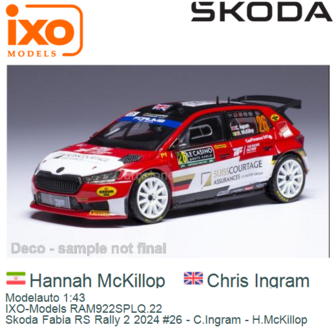 Modelauto 1:43 | IXO-Models RAM922SPLQ.22 | Skoda Fabia RS Rally 2 2024 #26 - C.Ingram - H.McKillop