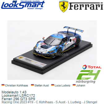 Modelauto 1:43 | Looksmart LSRC172 | Ferrari 296 GT3 SP9 | Racing One 2023 #19 - C.Kohlhaas - S.Aust - L.Ludwig - J.Stengel 