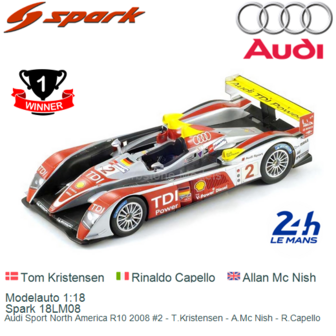 Modelauto 1:18 | Spark 18LM08 | Audi Sport North America R10 2008 #2 - T.Kristensen - A.Mc Nish - R.Capello