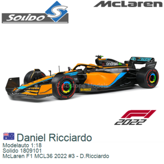 Modelauto 1:18 | Solido 1809101 | McLaren F1 MCL36 2022 #3 - D.Ricciardo