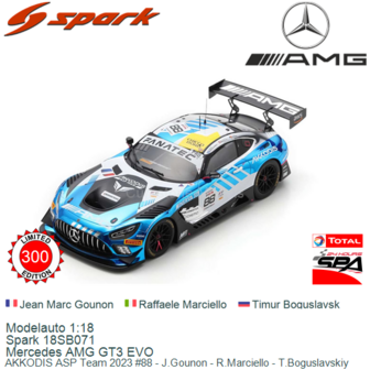 Modelauto 1:18 | Spark 18SB071 | Mercedes AMG GT3 EVO | AKKODIS ASP Team 2023 #88 - J.Gounon - R.Marciello - T.Boguslavskiy