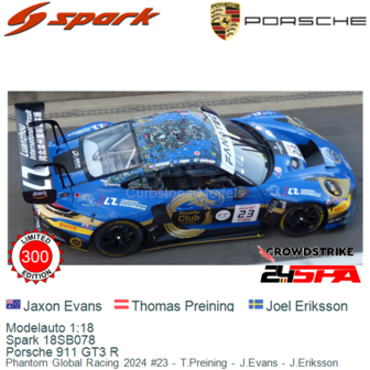 Modelauto 1:18 | Spark 18SB078 | Porsche 911 GT3 R | Phantom Global Racing 2024 #23 - T.Preining - J.Evans - J.Eriksson