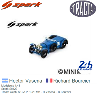 Modelauto 1:43 | Spark S8122 | Tracta Gephi S.C.A.P. 1928 #31 - H.Vasena  - R.Bourcier