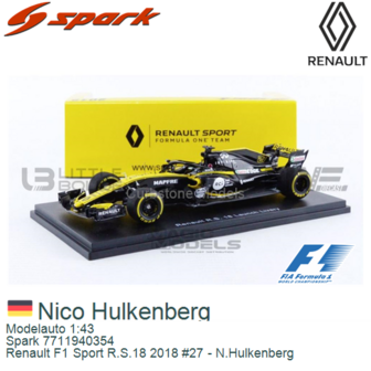 Modelauto 1:43 | Spark 7711940354 | Renault F1 Sport R.S.18 2018 #27 - N.Hulkenberg