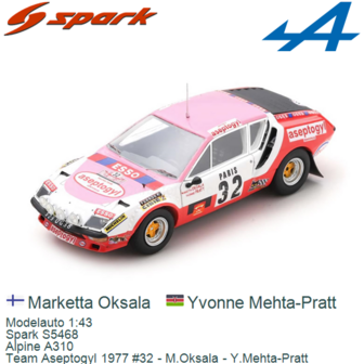 Modelauto 1:43 | Spark S5468 | Alpine A310 | Team Aseptogyl 1977 #32 - M.Oksala - Y.Mehta-Pratt