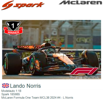 Modelauto 1:18 | Spark 18S665 | McLaren Formula One Team MCL38 2024 #4 - L.Norris