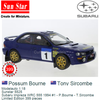 Modelauto 1:18 | Sunstar 5525 | Subaru Impreza WRC 555 1994 #1 - P.Bourne - T.Sircombe