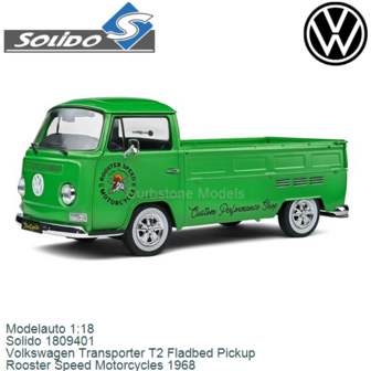 Modelauto 1:18 | Solido 1809401 | Volkswagen Transporter T2 Fladbed Pickup | Rooster Speed Motorcycles 1968