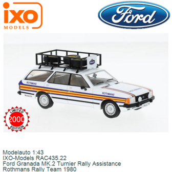 Modelauto 1:43 | IXO-Models RAC435.22 | Ford Granada MK.2 Turnier Rally Assistance | Rothmans Rally Team 1980