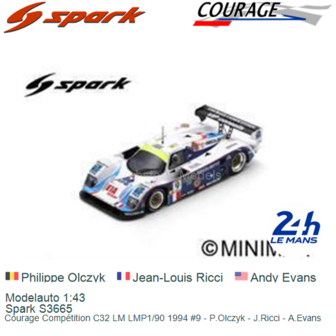 Modelauto 1:43 | Spark S3665 | Courage Comp&eacute;tition C32 LM LMP1/90 1994 #9 - P.Olczyk - J.Ricci - A.Evans