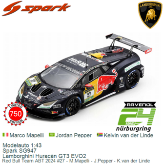 Modelauto 1:43 | Spark SG947 | Lamborghini Hurac&aacute;n GT3 EVO2 | Red Bull Team ABT 2024 #27 - M.Mapelli - J.Pepper - K.van de