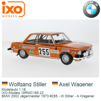 Modelauto 1:18 | IXO-Models 18RMC165.22 | BMW 2002 J&auml;germeister 1973 #255 - W.Stiller - A.Wagener