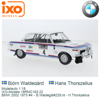 Modelauto 1:18 | IXO-Models 18RMC163.22 | BMW 2002 1973 #4 - B.Waldeg&amp;#229;rd - H.Thorszelius