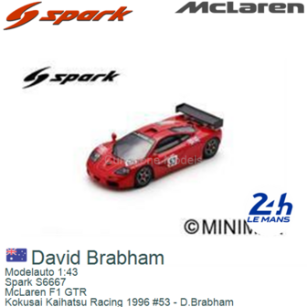 Modelauto 1:43 | Spark S6667 | McLaren F1 GTR | Kokusai Kaihatsu Racing 1996 #53 - D.Brabham