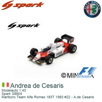 Modelauto 1:43 | Spark S8804 | Marlboro Team Alfa Romeo 183T 1983 #22 - A.de Cesaris