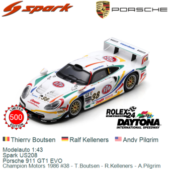 Modelauto 1:43 | Spark US208 | Porsche 911 GT1 EVO | Champion Motors 1986 #38 - T.Boutsen - R.Kelleners - A.Pilgrim